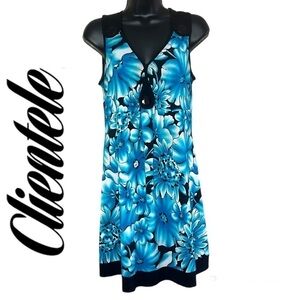 Clientele Blue/Black Floral Print Sleeveless Mini Summer Dress